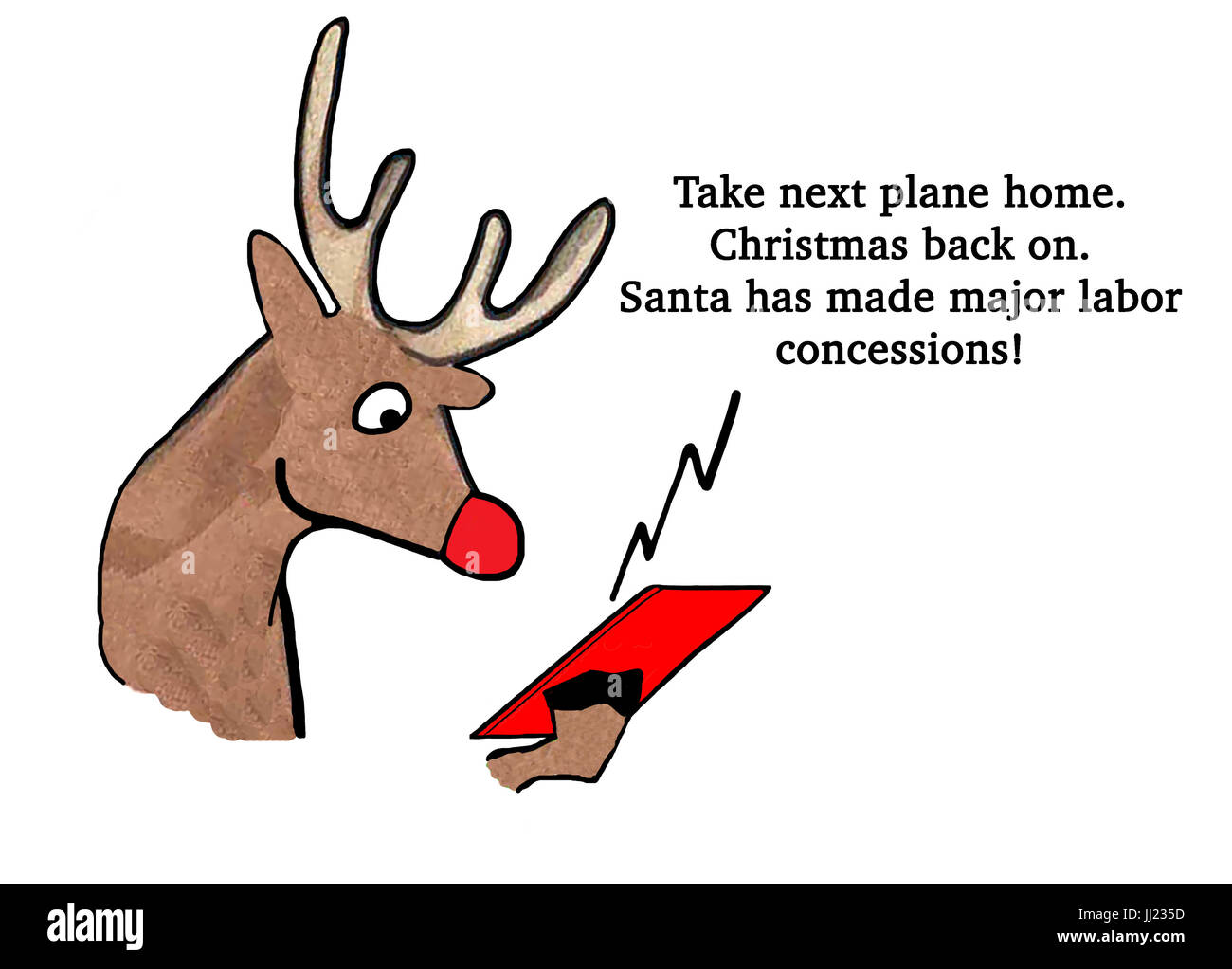 Christmas cartoon about the reindeer winning a labor negotiation with Santa Claus. Stock Photo