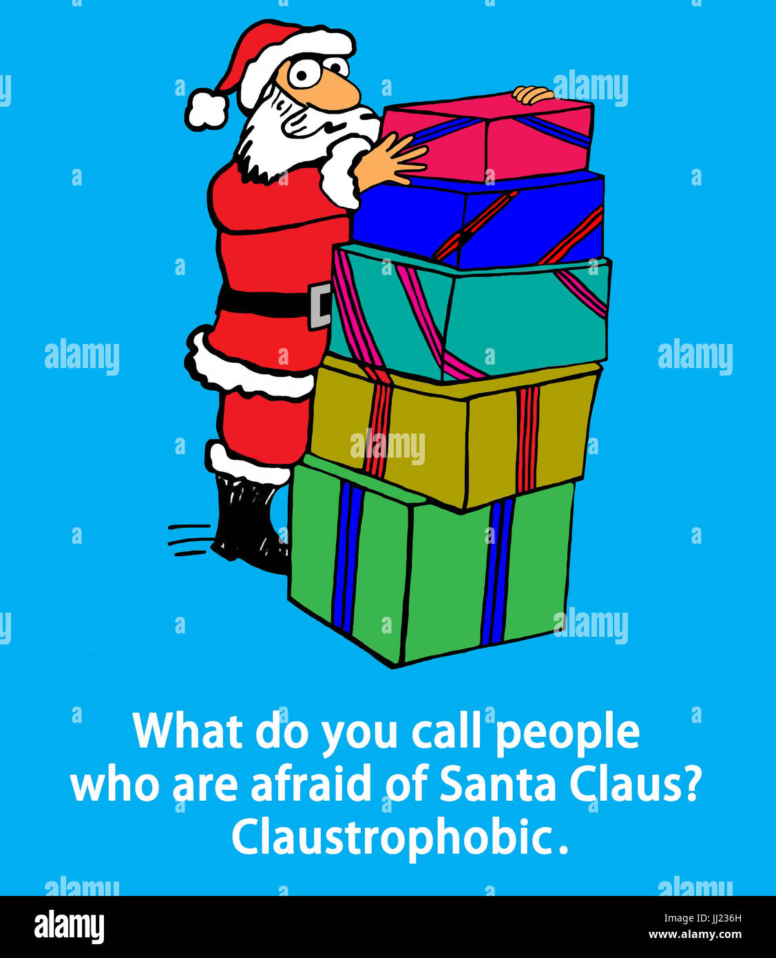 Christmas cartoon illustration of Santa Claus and a pun about those afraid of him. Stock Photo