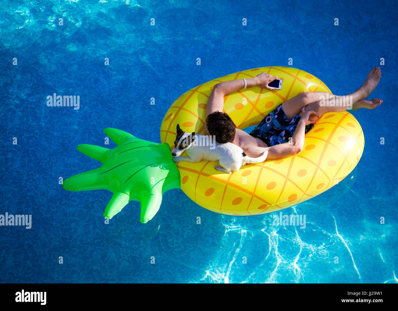 Teenage boy and Jack Russell Terrier dog relaxing while floating on a pineapple shaped pool toy in an outdoor swimming pool. Stock Photo