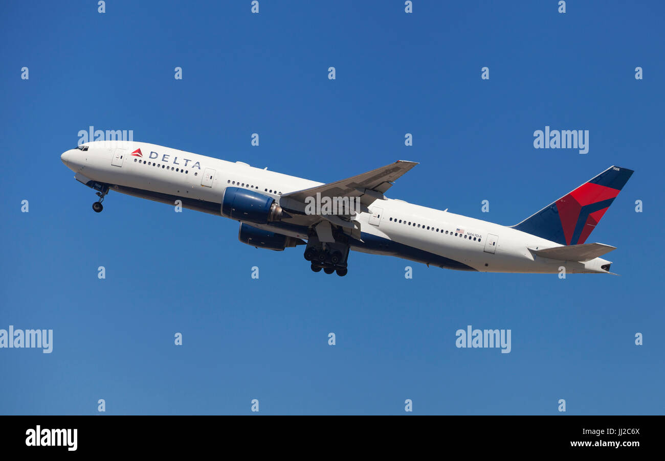 Delta Air Lines Boeing 777-200ER taking off from El Prat Airport in Barcelona, Spain. Stock Photo