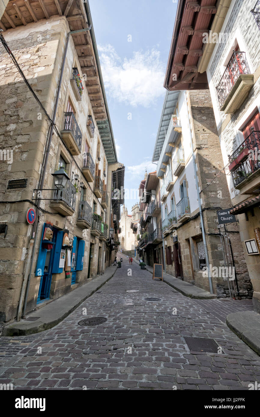 Wide angle view of Nagusi street with stone houses in Hondarribia (Guipuzcoa, Basque country, Spain). Stock Photo