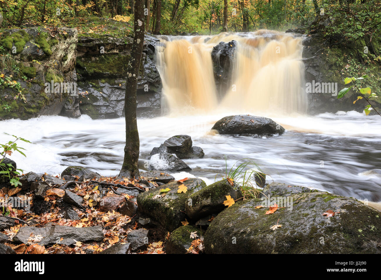 Root Beer Falls in Wakefield Michigan in the Upper Peninsula of Michigan. Tannin colored water flows over rock and spills into Planter Creek Stock Photo