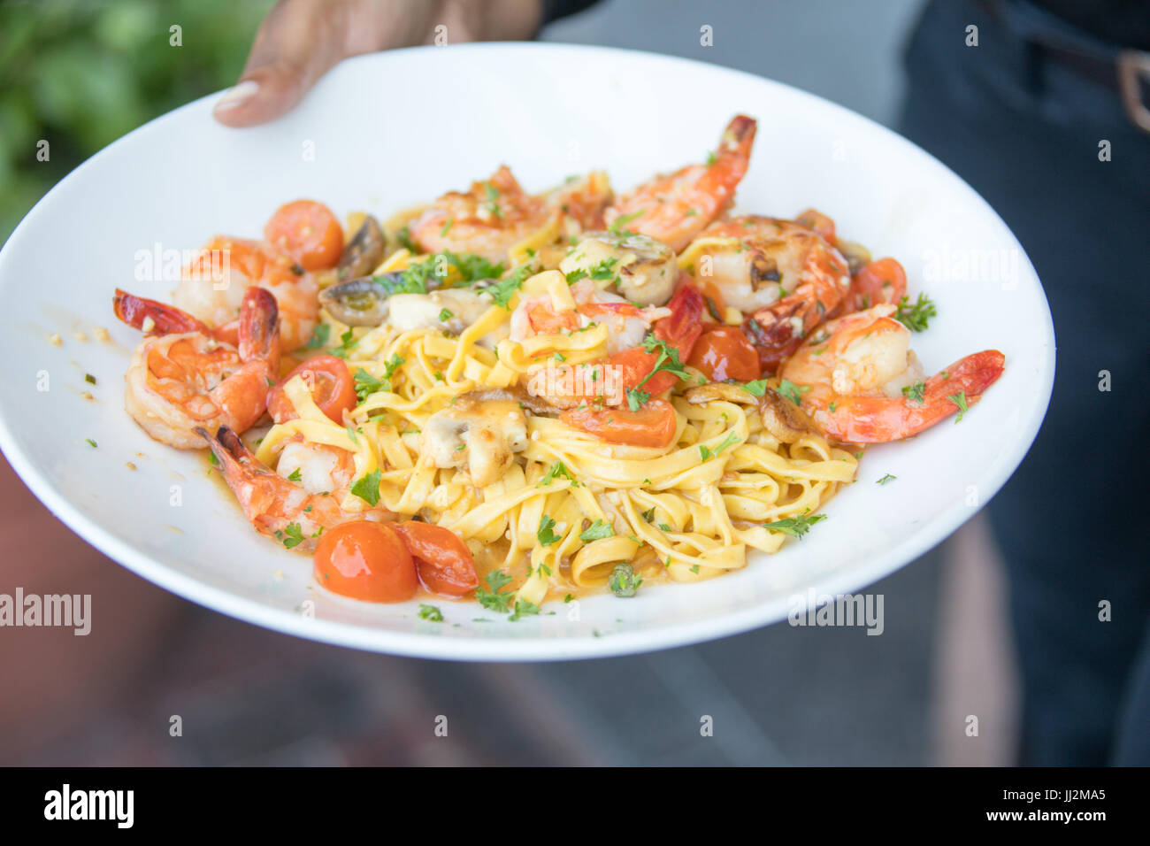 Shrimp and Garlic on fresh pasta, Legal Sea Foods restaurant, Boston, MA, USA Stock Photo