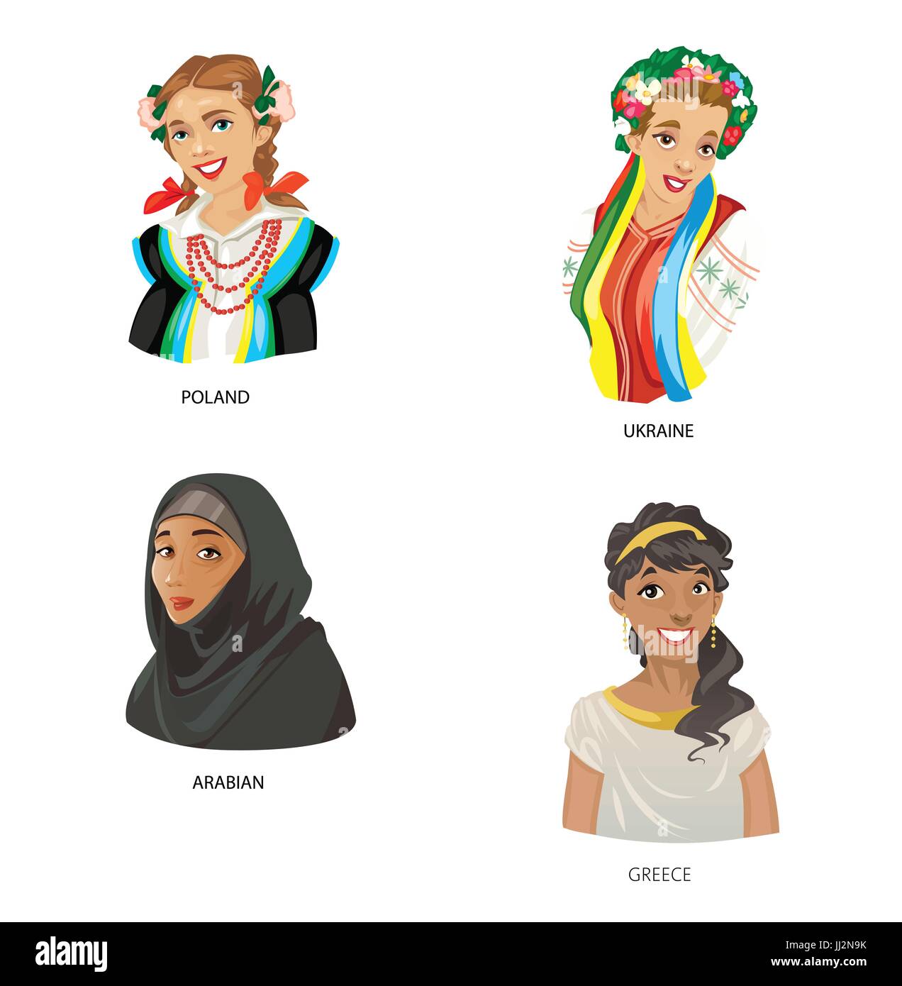 Digital vector funny cartoon arabian muslim, greece, ukraine and poland women set, abstract flat style Stock Vector