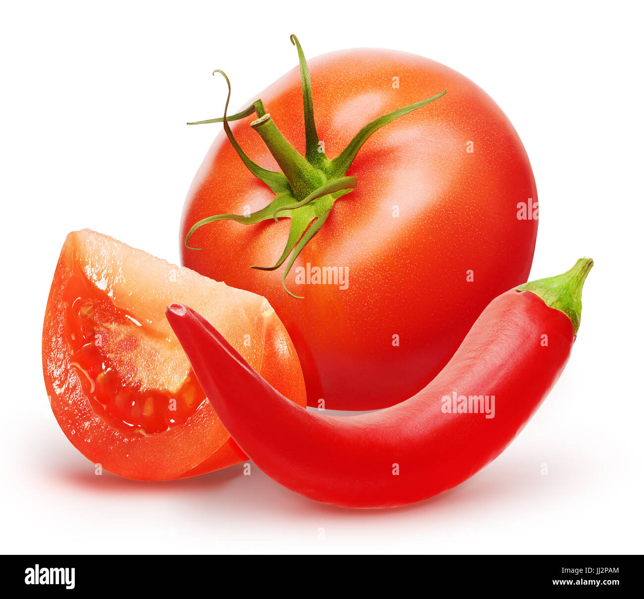 Whole fresh red tomato with green leaf, slice and chili pepper isolated ...