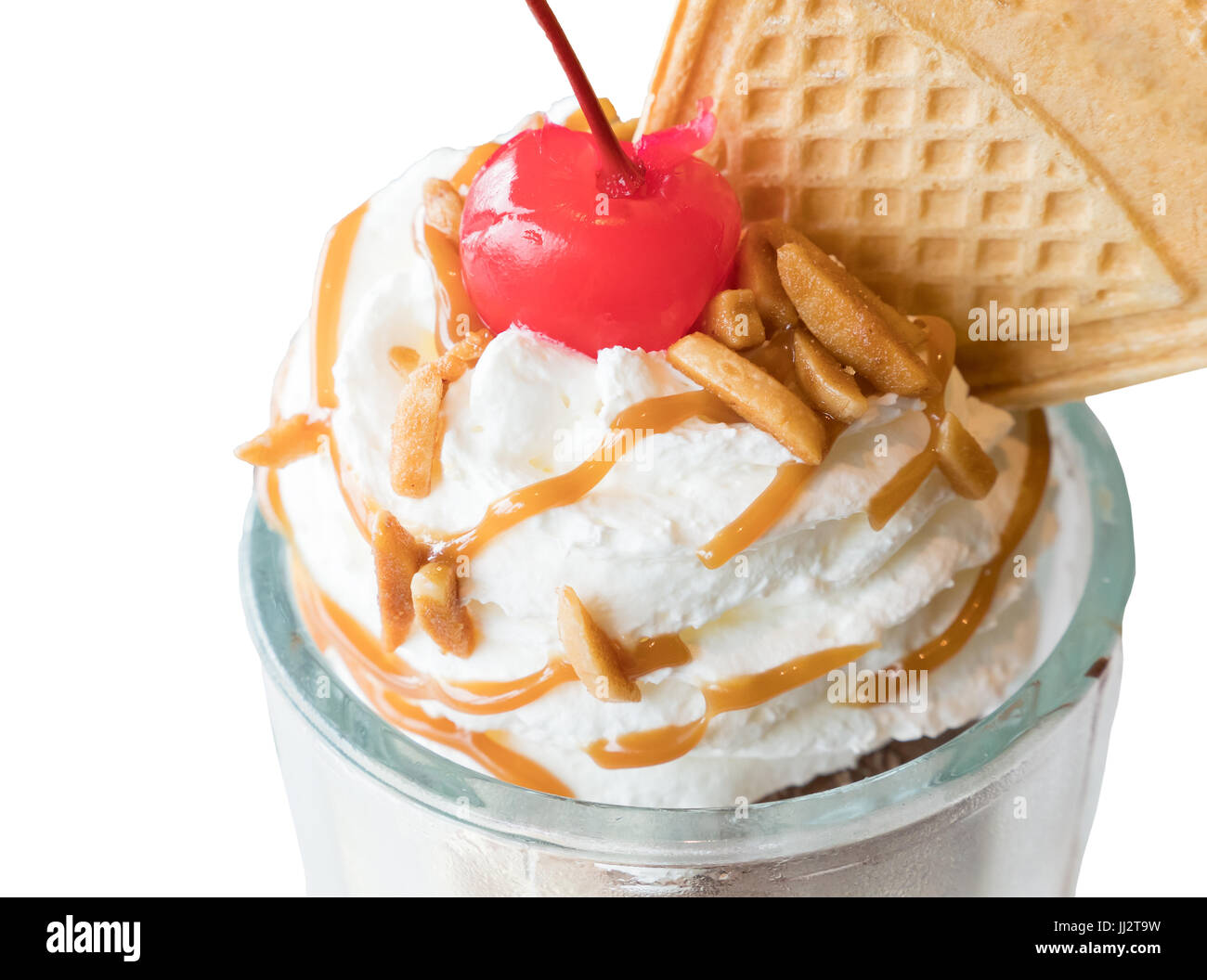 Maraschino cherry on the top ice cream glass which decorated by whip