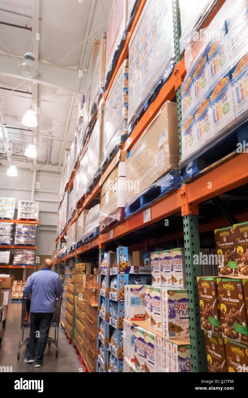 A row of cereal boxes at Costco Warehouse. Stock Photo