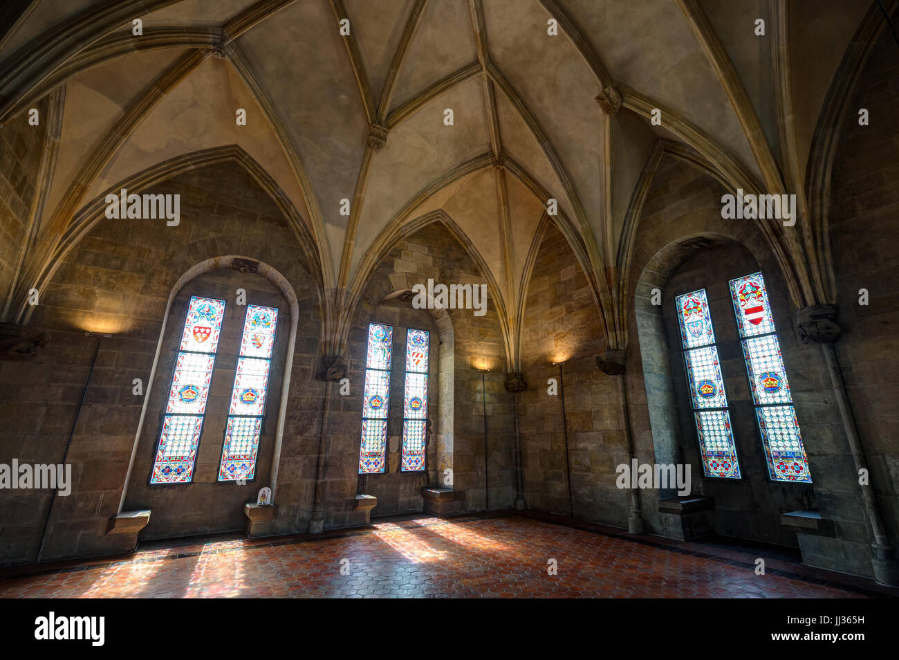 Empty room at the Gothic style Powder Tower in Prague, Czech Republic. Stock Photo