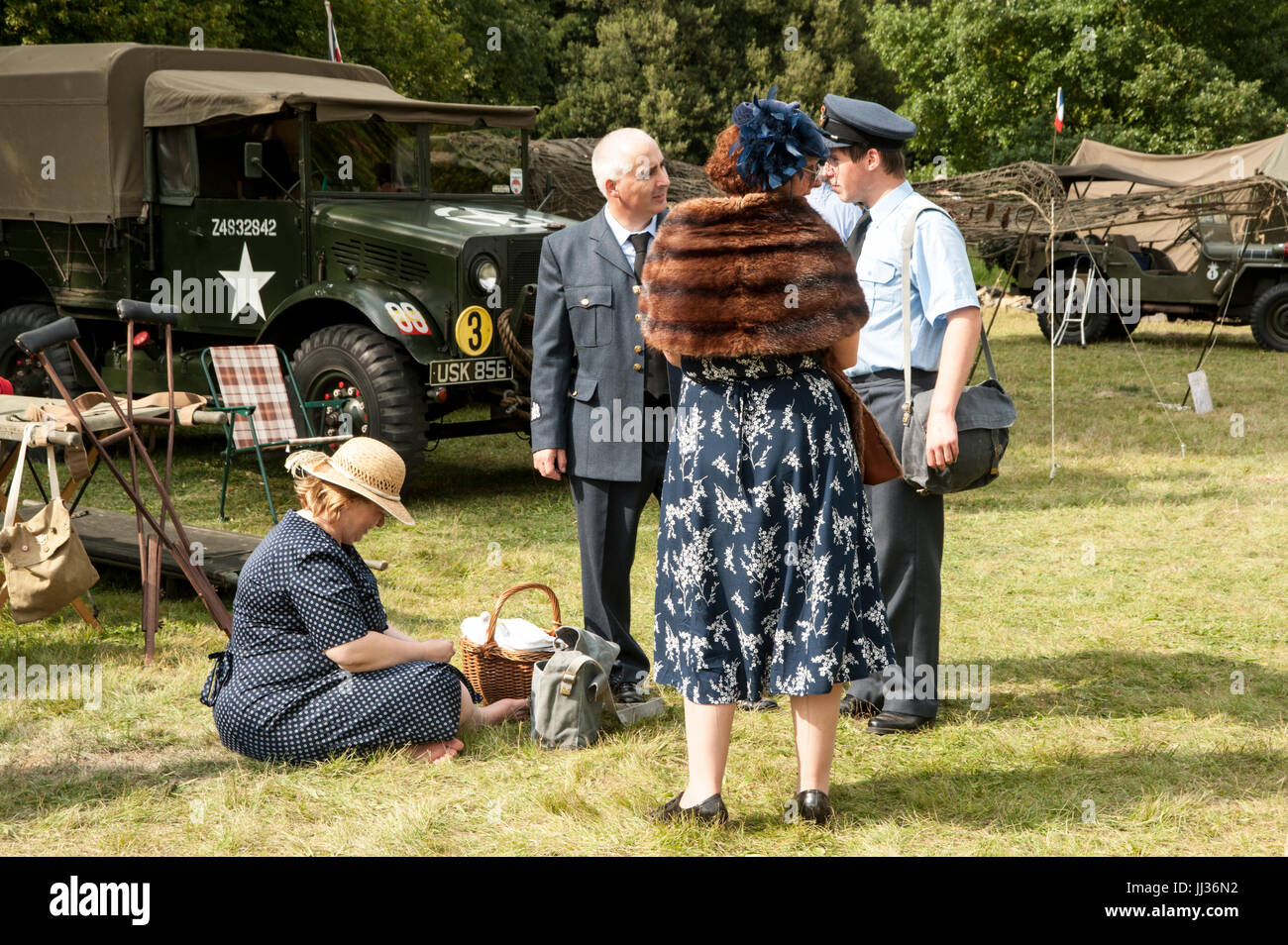 Images taken from WW2 re-enactment of Home Guard using authentic clothing, vehicles, flags, ammunition, guns, bikes, tents and other paraphernalia. Stock Photo