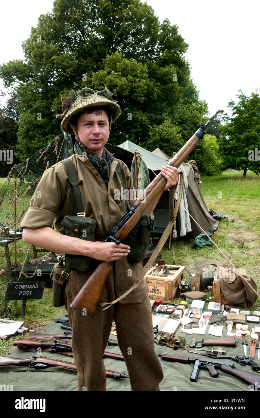 Images taken from WW2 re-enactment of Home Guard using authentic clothing, vehicles, flags, ammunition, guns, bikes, tents and other paraphernalia. Stock Photo