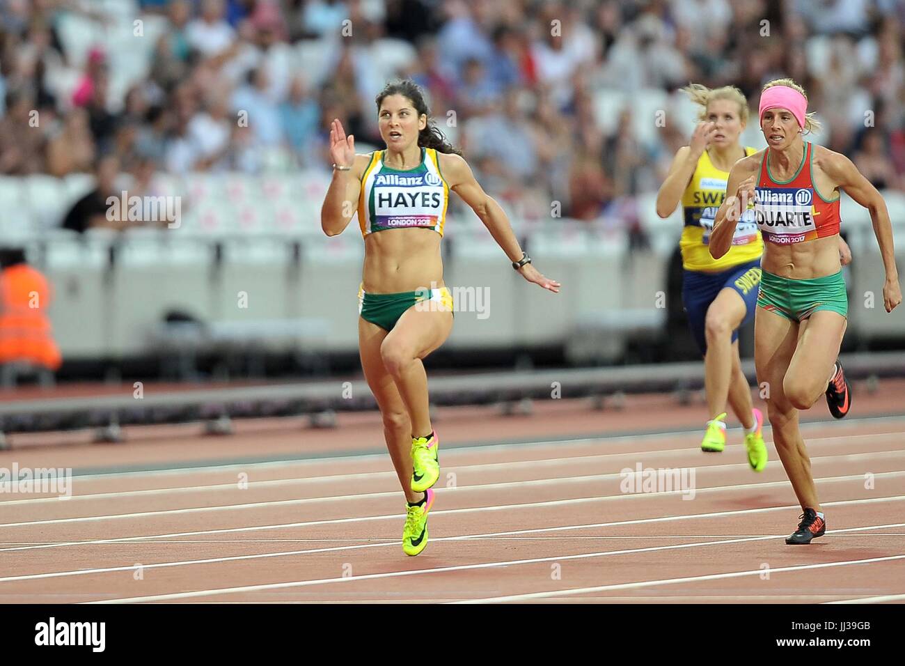 Stratford, UK. 17th Jul, 2017. Lise Hayes (AUS) and Carolina Duarte (POR) in the womens 100m T13. World para athletics championships. London Olympic stadium. Queen Elizabeth Olympic park. Stratford. London. UK. 17/07/2017. Credit: Sport In Pictures/Alamy Live News Stock Photo