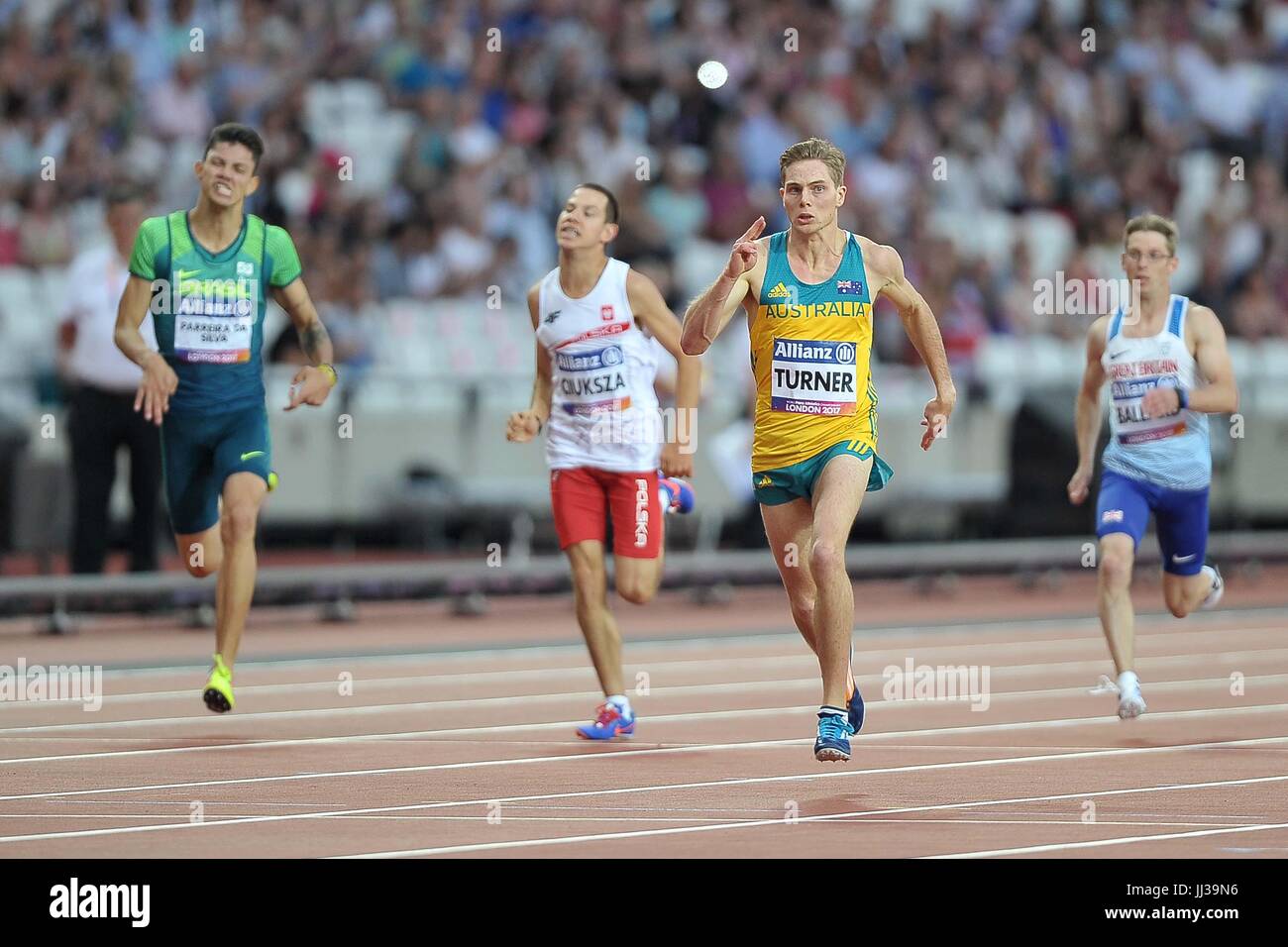 Stratford, UK. 17th Jul, 2017. James Turner (AUS) in the mens 200m T36 final. World para athletics championships. London Olympic stadium. Queen Elizabeth Olympic park. Stratford. London. UK.  Credit: Sport In Pictures/Alamy Live News Stock Photo