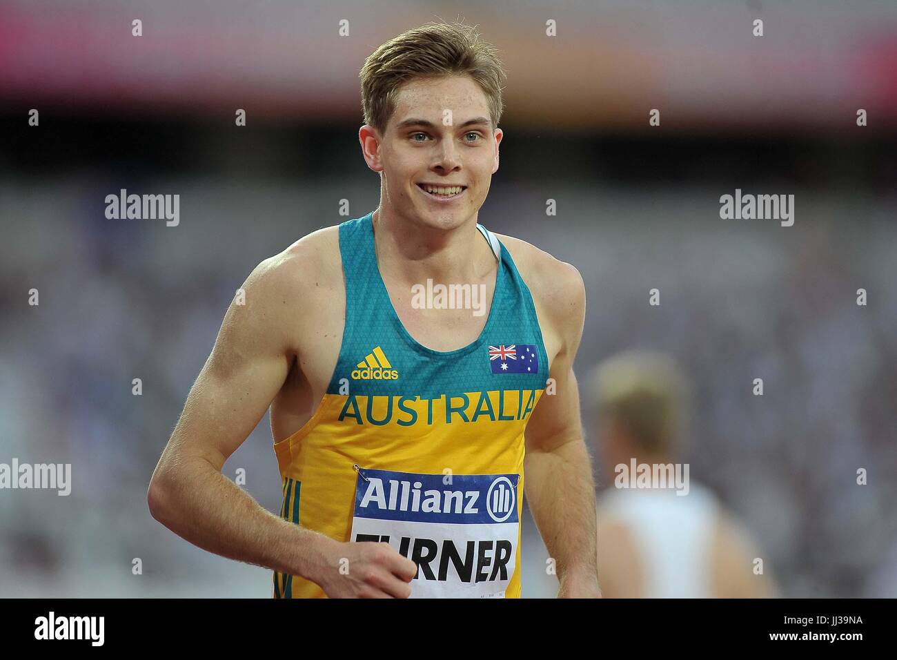 Stratford, UK. 17th Jul, 2017. James Turner (AUS) in the mens 200m T36 final. World para athletics championships. London Olympic stadium. Queen Elizabeth Olympic park. Stratford. London. UK.  Credit: Sport In Pictures/Alamy Live News Stock Photo