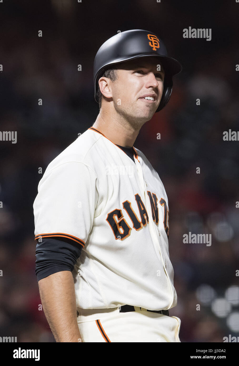 San Francisco, California, USA. 17th July, 2017. With two outs in the bottom of the ninth inning, San Francisco Giants catcher Buster Posey (28) watches his ball go foul, during a MLB baseball game between the Cleveland Indians and the San Francisco Giants at AT&T Park in San Francisco, California. Valerie Shoaps/CSM/Alamy Live News Stock Photo