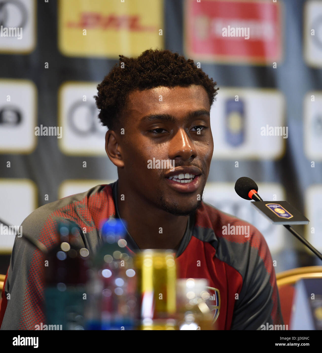 Shanghai, China. 18th July, 2017. Arsenal's player Alex Iwobi attends a press conference prior to the 2017 International Champions Cup China against Bayern Munich in Shanghai, China, July 18, 2017. Credit: Jia Yuchen/Xinhua/Alamy Live News Stock Photo