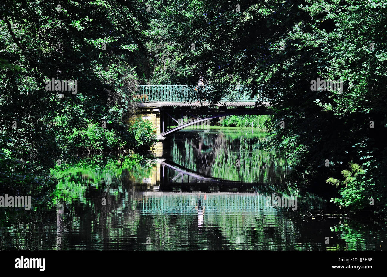 A bridge is reflected in a tree-lined pond in Berlin, Germany, 18 July ...