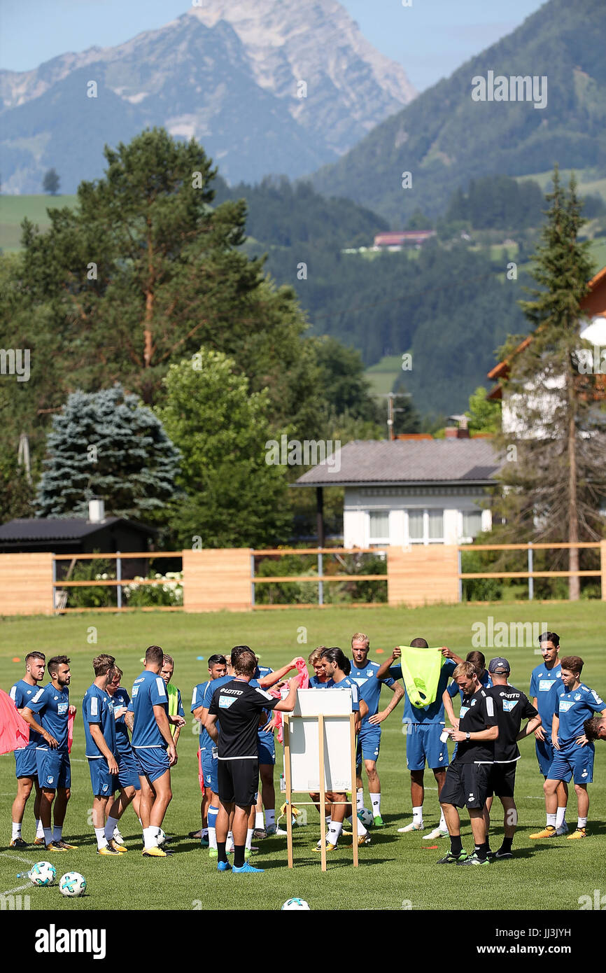 The team stands together during a session at the training camp of Bundesliga soccer club TSG 1899 Hoffenheim in Windischgarsten, Austria, 18 July 2017. Photo: Hasan Bratic/dpa Stock Photo
