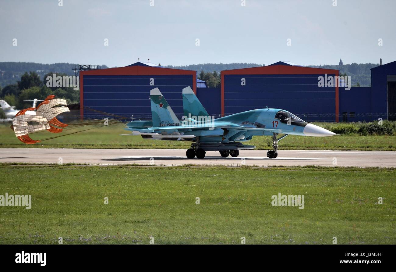 Zhukovsky, Russia. 18th July, 2017. A Russian SU-34 bomber lands after an aerial display during the International Aviation and Space Show known as the MAKS 2017 July 18, 2017 in Zhukovsky, Russia. The newly unveiled Sukhoi T-50 also known as the PAK FA is the first Russian aircraft to use stealth technology. Credit: Planetpix/Alamy Live News Stock Photo