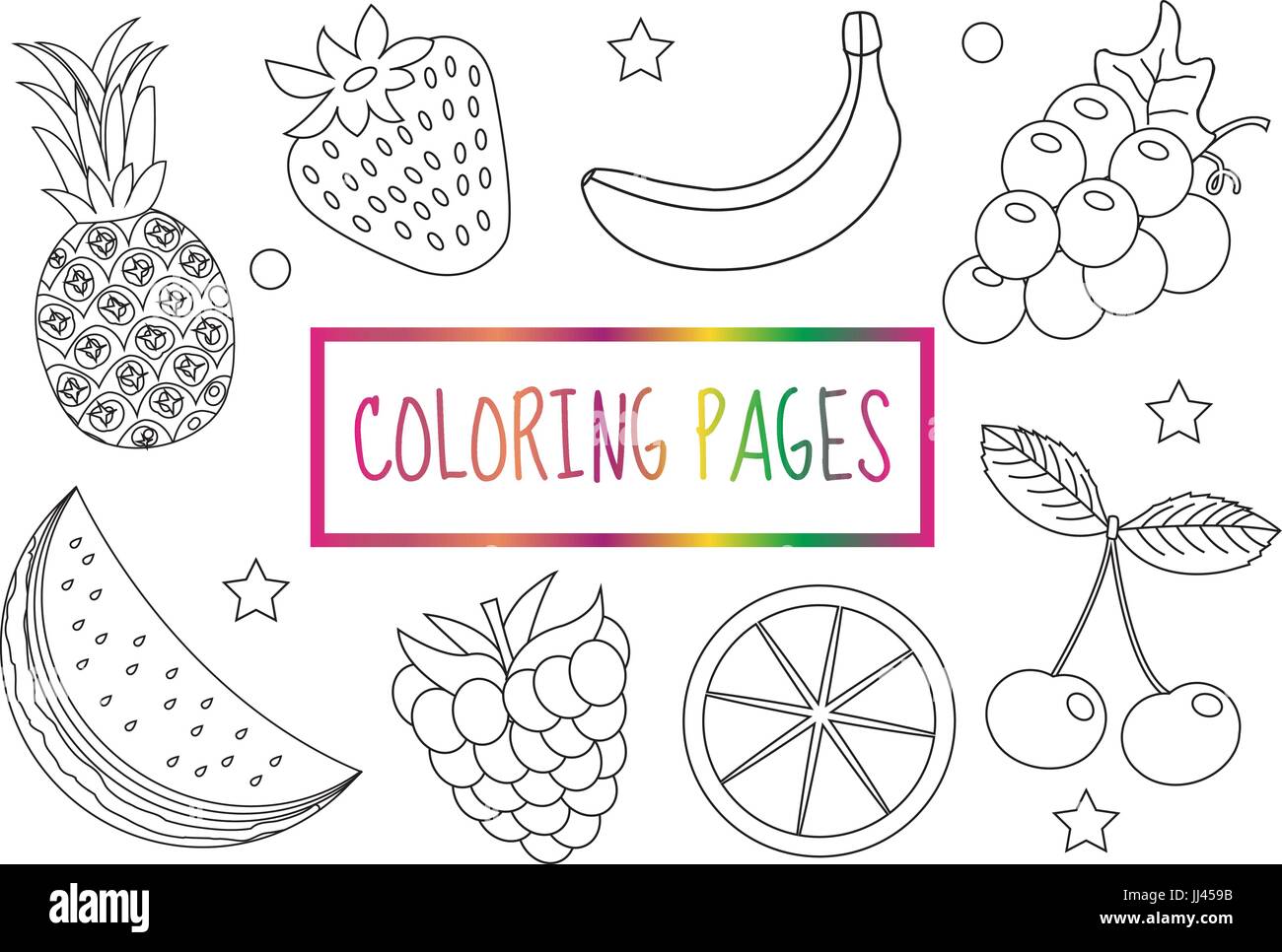 Coloring book page. Fruit set. Sketch, doodle, outline style ...