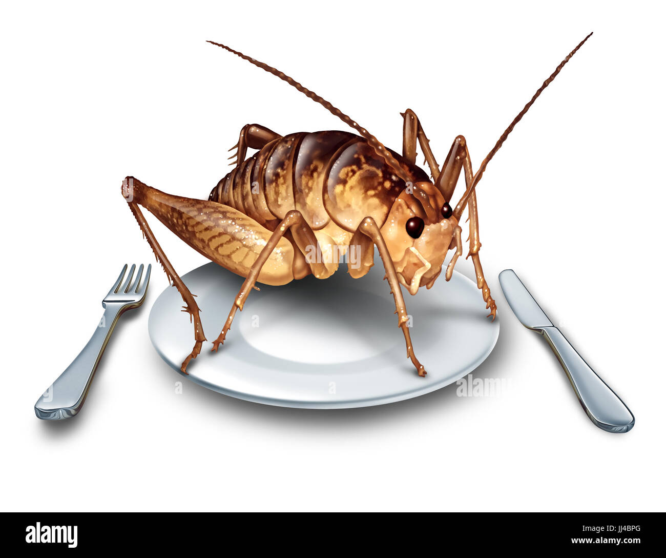 Eat bugs and eating insects as exotic cuisine and alternative high protein nutrition food as a cricket insect in a plate with knife and fork. Stock Photo