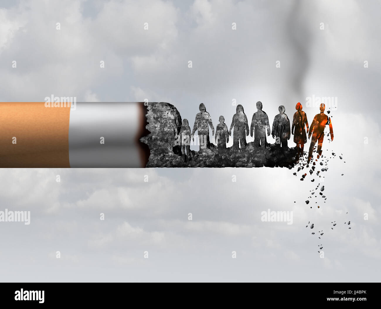 Smoking and society smoker death and smoke health danger concept as a cigarette burning with people falling as victims in hot burning. Stock Photo