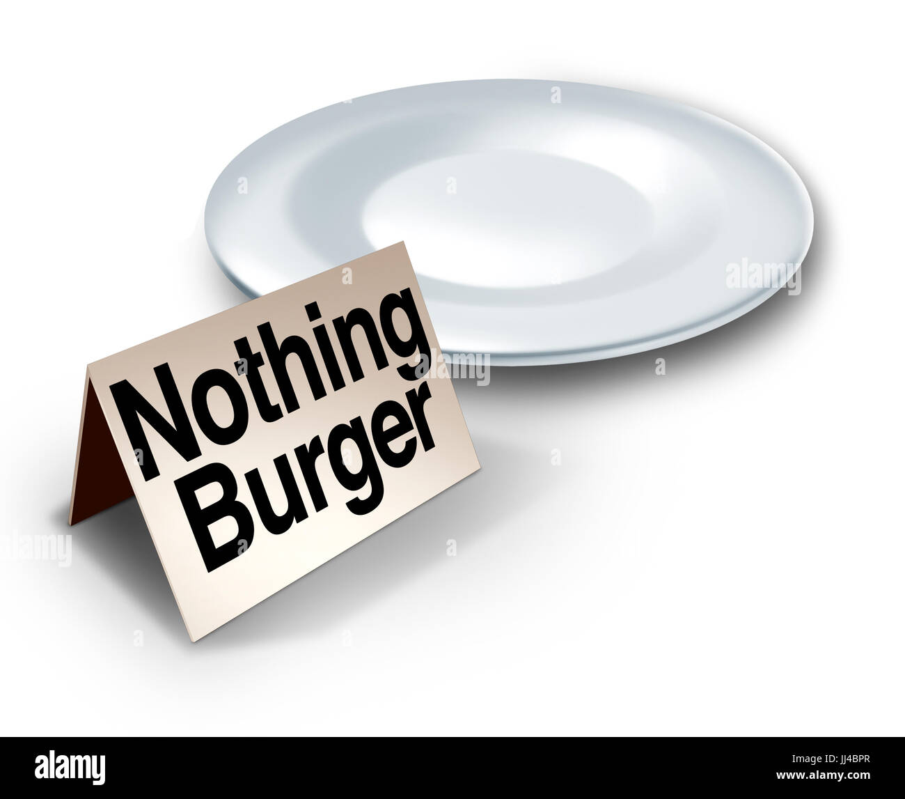Nothing burger or nothingburger phrase concept as an empty plate with text on a label representing fake news investigation or insignificant media. Stock Photo