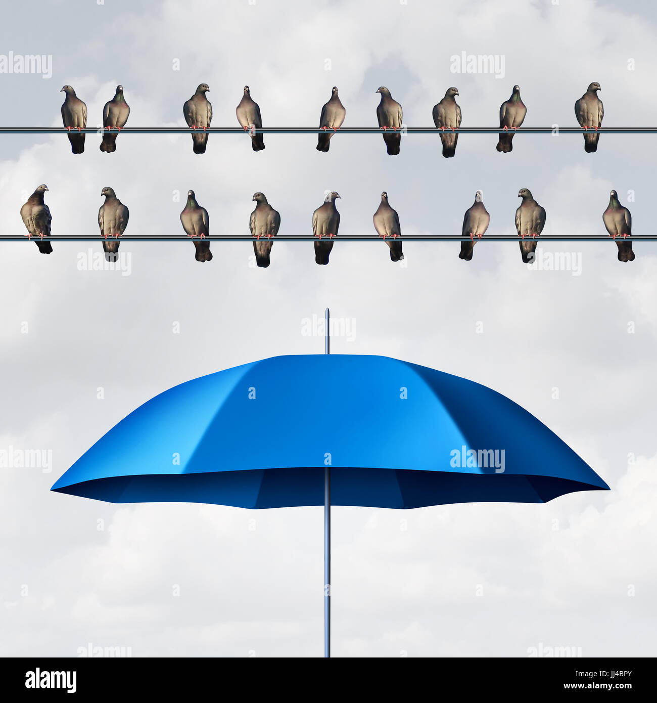 Prepared for the inevitable and ready for anticipated trouble as a group of birds on wires with an open umbrella anticipating and planning. Stock Photo
