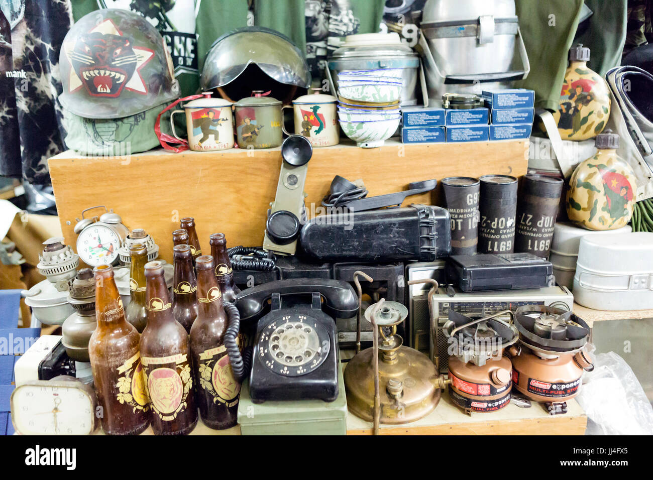 Dan Sinh Market known as the War Surplus Market is in Ho Chi Minh City, Vietnam and is known for Vietnam War surplus militaria and memorabilia. Stock Photo