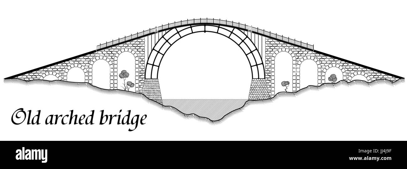 Old arched bridge made of stone and steel. Silhouette of a tall structure over a river. A black graphic drawing similar to an engraving. Stock Vector