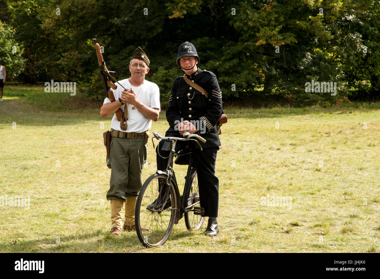 Images taken from WW2 re-enactment of Home Guard using authentic clothing, vehicles, flags, ammunition, guns, bikes, tents and other WW2 memorabilia. Stock Photo