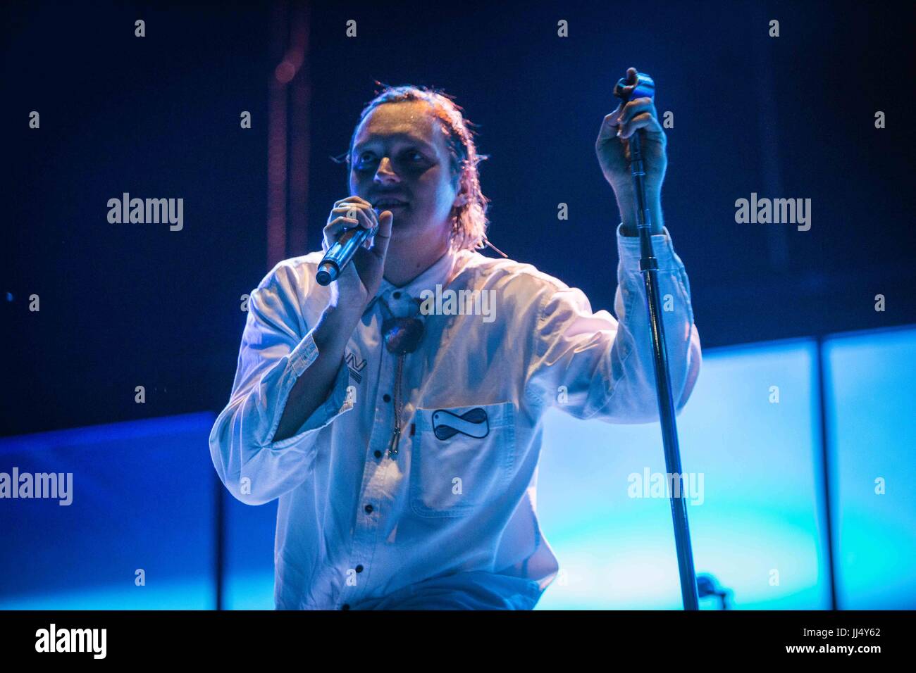 Milan, Italy. 17th July, 2017. Win Butler of the canadian indie rock band Arcade Fire pictured on stage as they perform at Milano Summer Festival, Ippodromo San Siro Milan. Credit: Roberto Finizio/Pacific Press/Alamy Live News Stock Photo