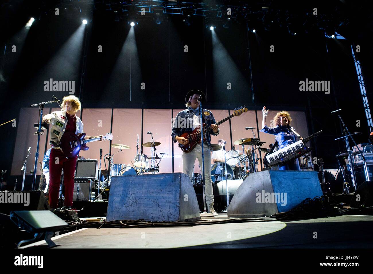 Milan, Italy. 17th July, 2017. The canadian indie rock band Arcade Fire pictured on stage as they perform at Milano Summer Festival, Ippodromo San Siro Milan. Credit: Roberto Finizio/Pacific Press/Alamy Live News Stock Photo