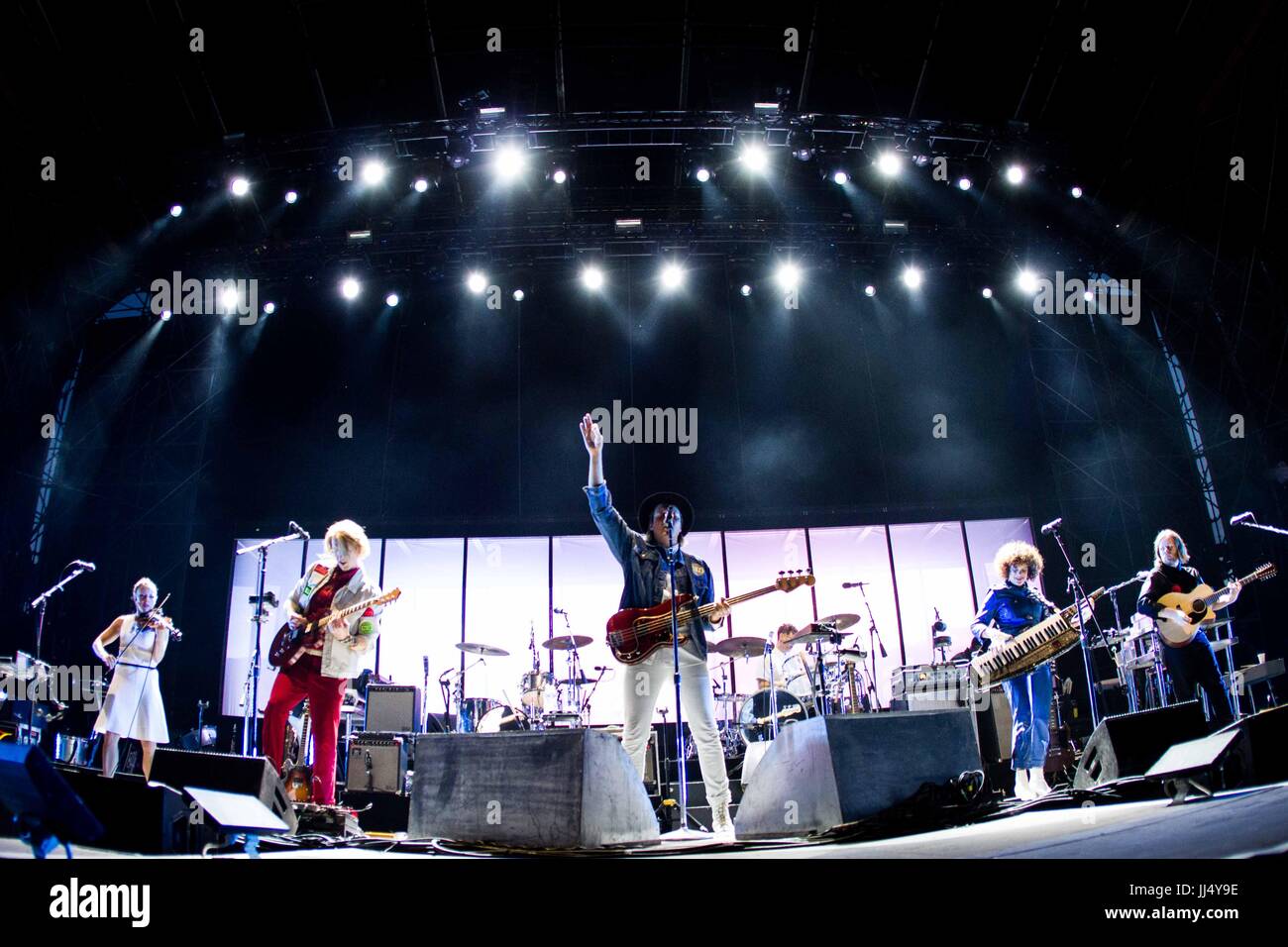 Milan, Italy. 17th July, 2017. The canadian indie rock band Arcade Fire pictured on stage as they perform at Milano Summer Festival, Ippodromo San Siro Milan. Credit: Roberto Finizio/Pacific Press/Alamy Live News Stock Photo