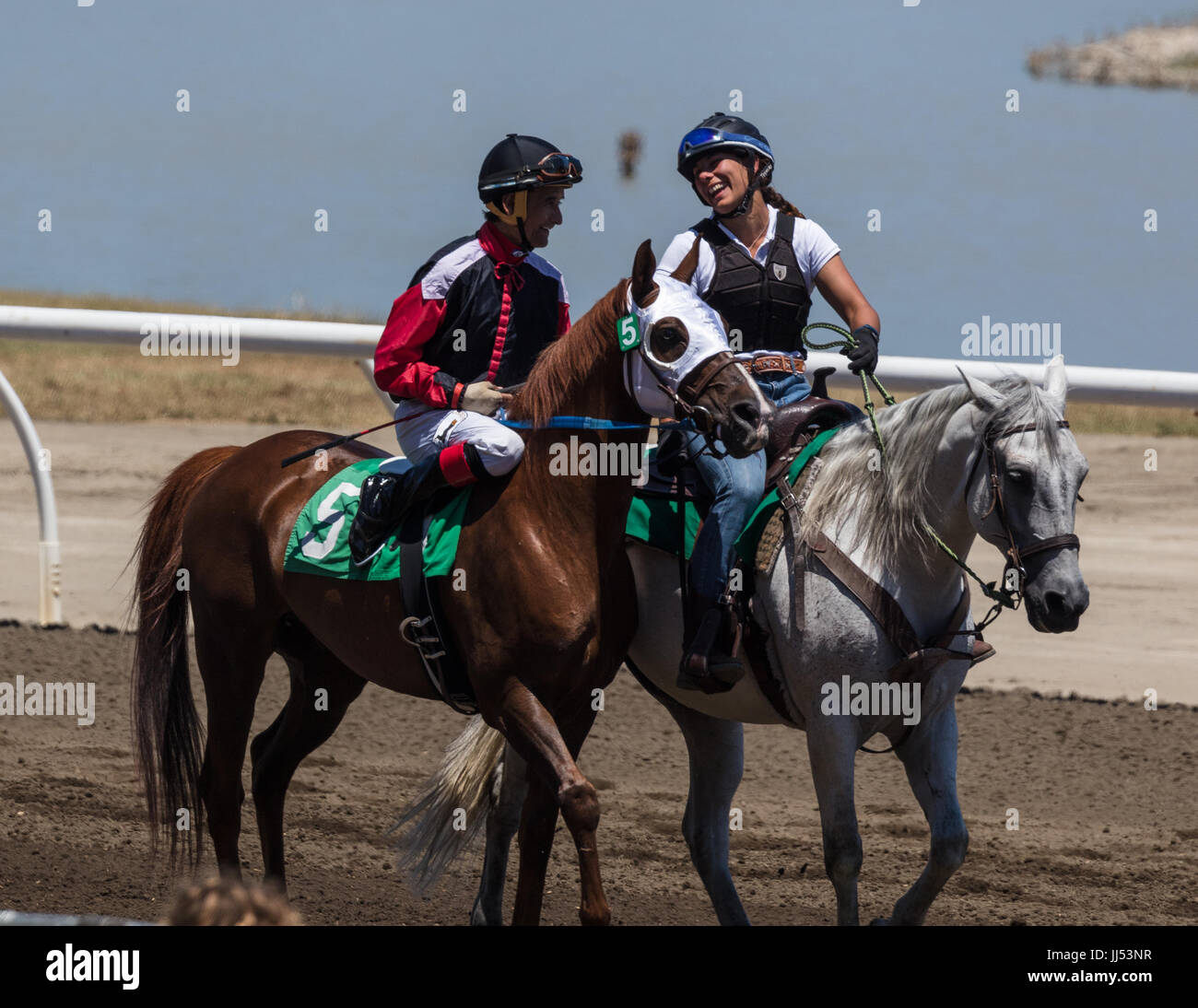 Horse racing action at the Cal Expo in Sacramento, California Stock 