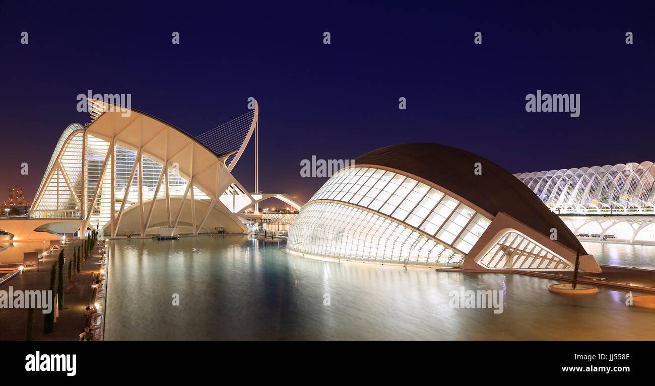 VALENCIA, SPAIN - JULY 23, 2017: Hemispheric building with reflections at dusk. The City of Arts and Sciences is an entertainment and cultural complex Stock Photo