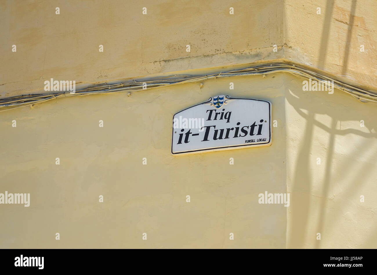 Malta, Bugibba: Typical Maltese street name sign. Stock Photo