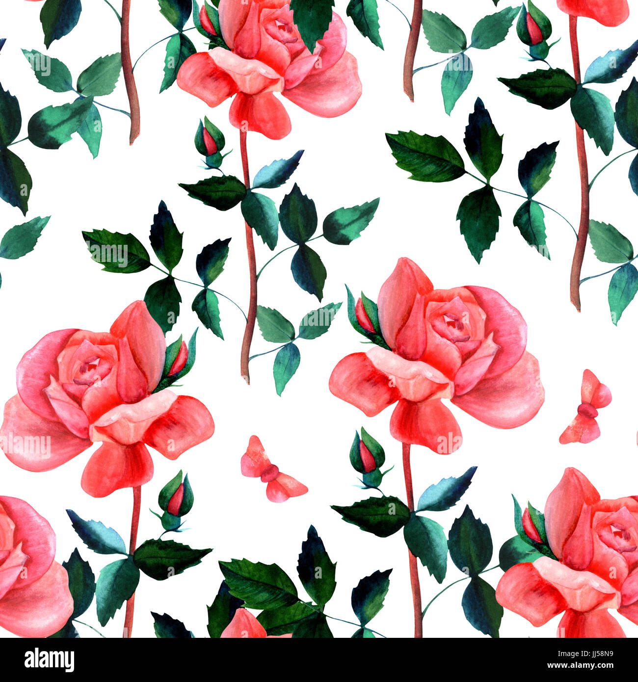 Seamless pattern with watercolor red rose and butterfly Stock Photo - Alamy