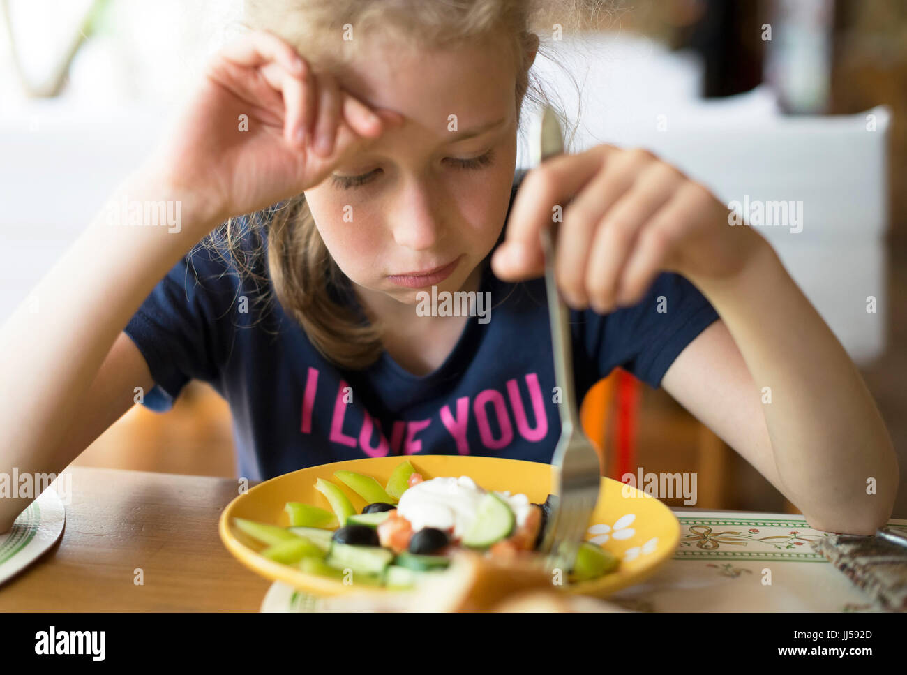 Little Girl Don T Want To Eat Meal In Restaurant Stock Photo Alamy