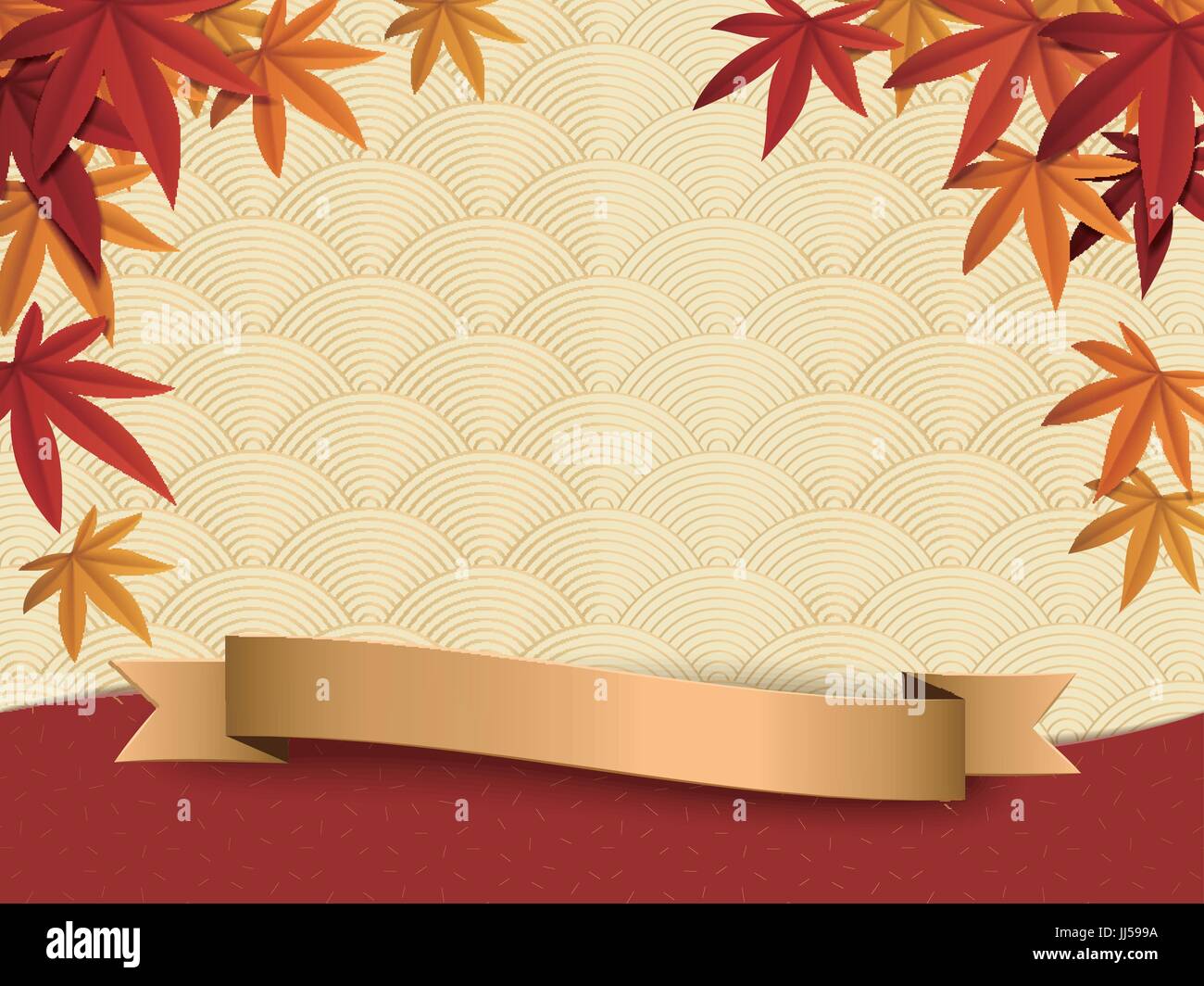 Fall season background design, maples frame isolated on japanese wave pattern background with golden labels in 3d illustration Stock Vector