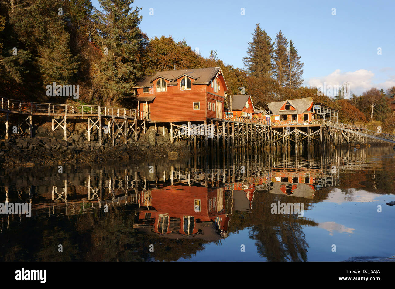 Haliobut Cove, houses on pilings, Kachemak Bay, Alaska Stock Photo Alamy
