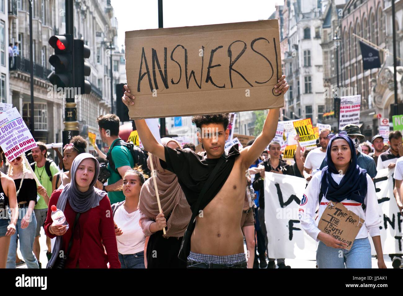 Following the fire at Grenfell Tower, friends and members of the community marched  from Shephards Bush to Westminster on  the Day of Rage.  21 June 2017 Stock Photo