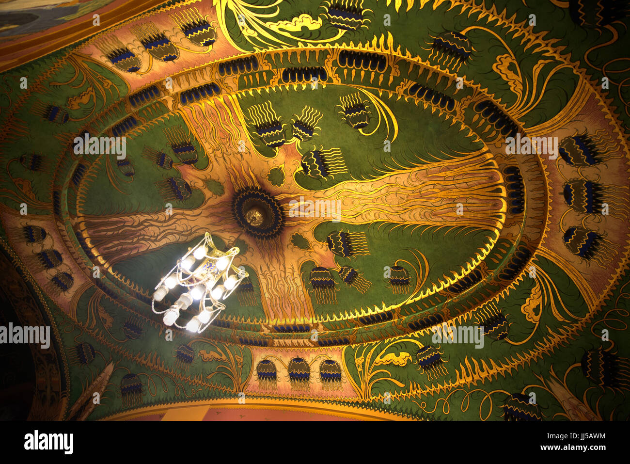 Detail of Art Nouveau chandelier and painted ceiling at the Palace of Culture, Targu Mures, Romania Stock Photo
