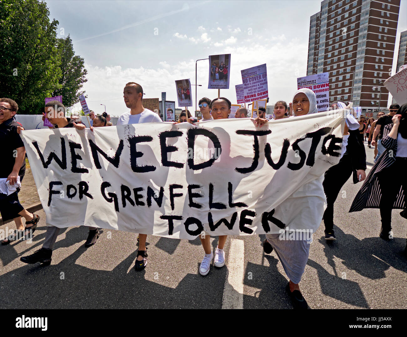 Following the fire at Grenfell Tower, friends and members of the community marched  from Shephards Bush to Westminster on  the Day of Rage.  21 June 2017 Stock Photo