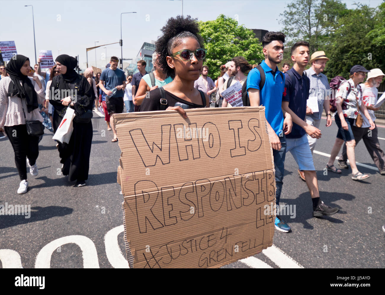 Following the fire at Grenfell Tower, friends and members of the community marched  from Shephards Bush to Westminster on  the Day of Rage.  21 June 2017 Stock Photo