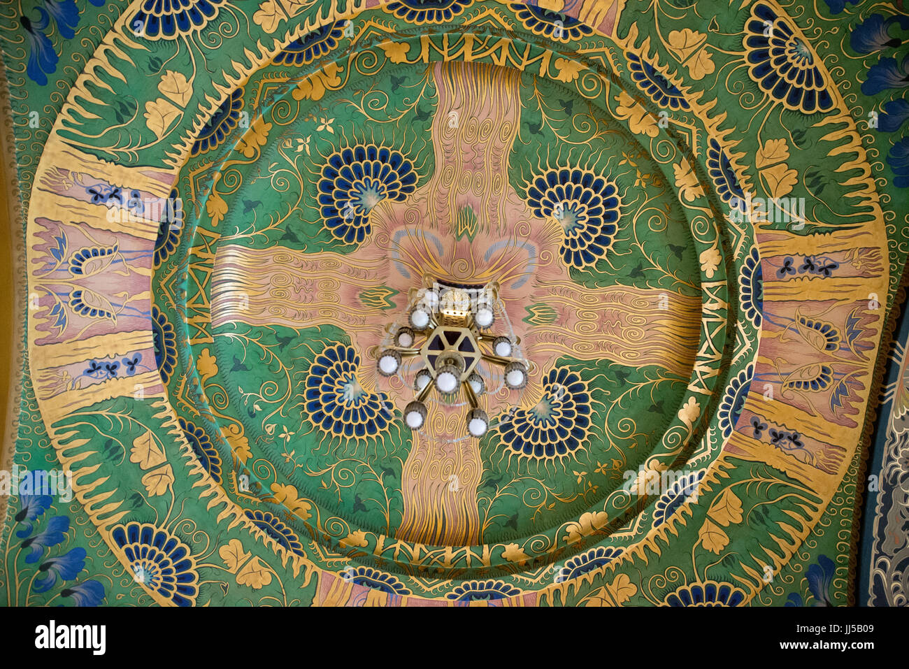 Detail of Art Nouveau chandelier and painted ceiling at the Palace of Culture, Targu Mures, Romania Stock Photo