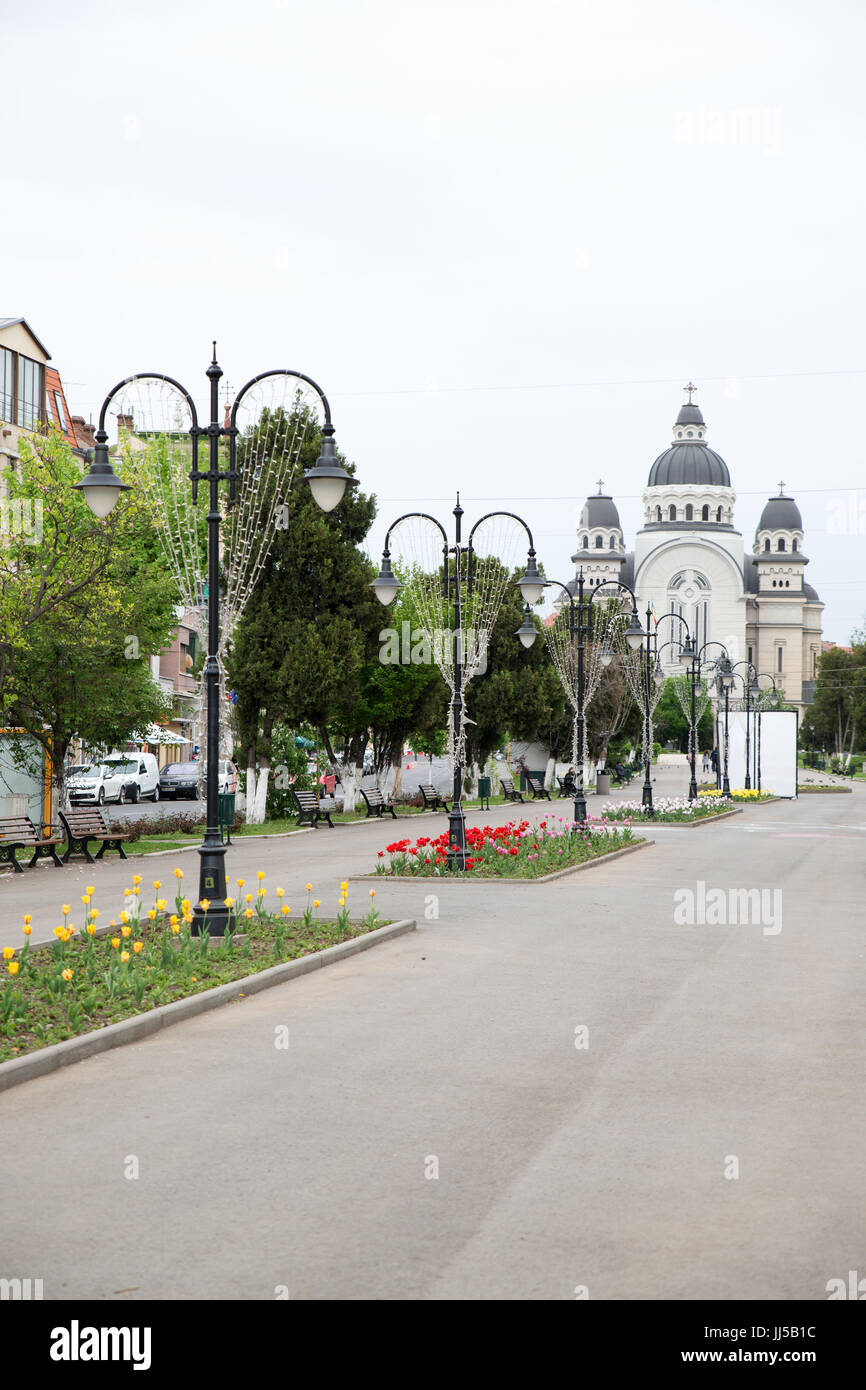View of Piata Trandafililor with the Ascension of the Lord Orthodox Cathedral, Targu Mures, Romania Stock Photo