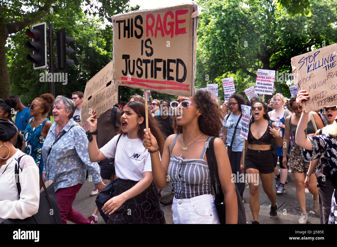 Following the fire at Grenfell Tower, friends and members of the community marched  from Shephards Bush to Westminster on  the Day of Rage.  21 June 2017 Stock Photo