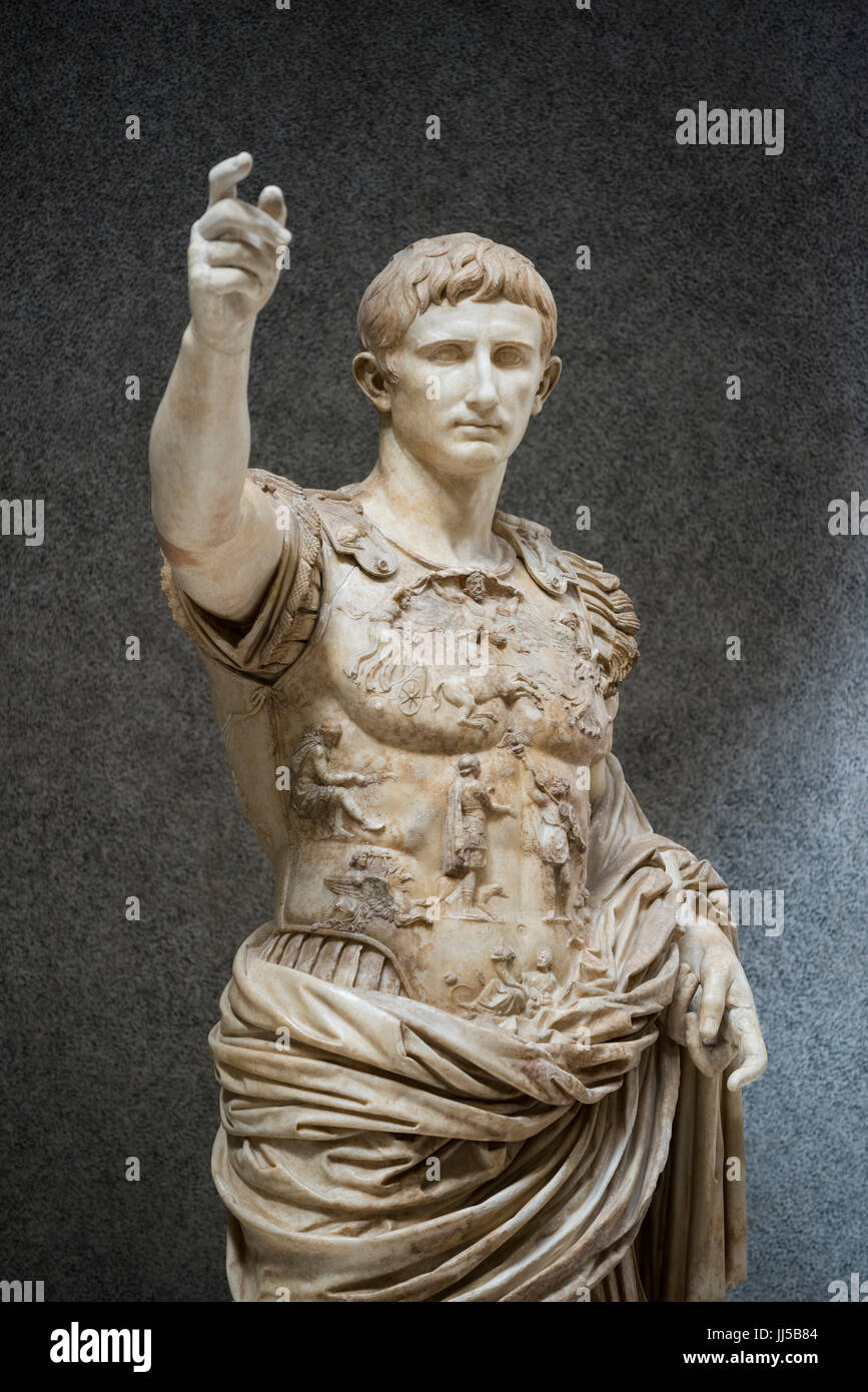 Rome. Italy. Augustus of Prima Porta, portrait of Roman Emperor Augustus (Octavian / Ottaviano), Braccio Nuovo, Vatican Museums. Musei Vaticani. Stock Photo