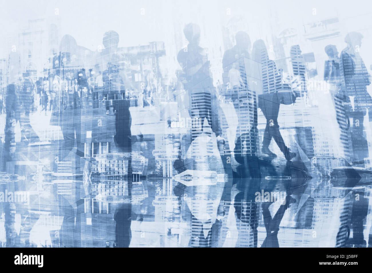 business people double exposure with reflection, abstract silhouettes of crowd, concept background Stock Photo