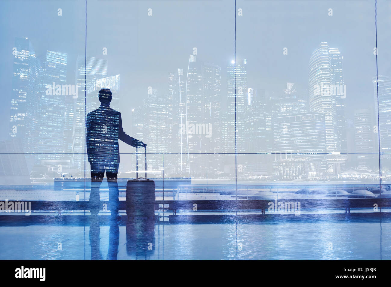 airport double exposure, business travel background, passenger with suitcase luggage Stock Photo